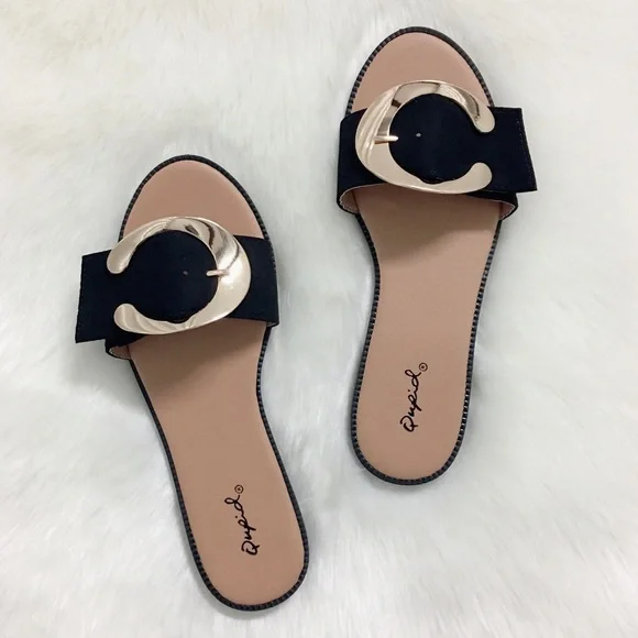 Faux Suede Gold Buckle Sandals - Picture 4 of 10